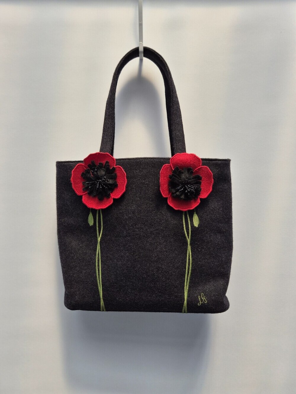 VTG Lulu Guinness Black Wool Felt Poppy Tote Bag Handbag Red Floral Embroidered